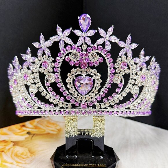 Crystal heart tiara, silver crystal tiara, purple stone tiara, Bridal headpiece main image 6